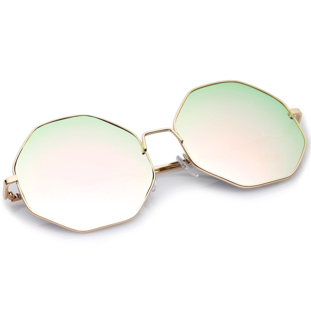 Oversize Metal Frame Slim Temple Colored Mirror Lens Hexagon Sunglasses 63mm Image 4