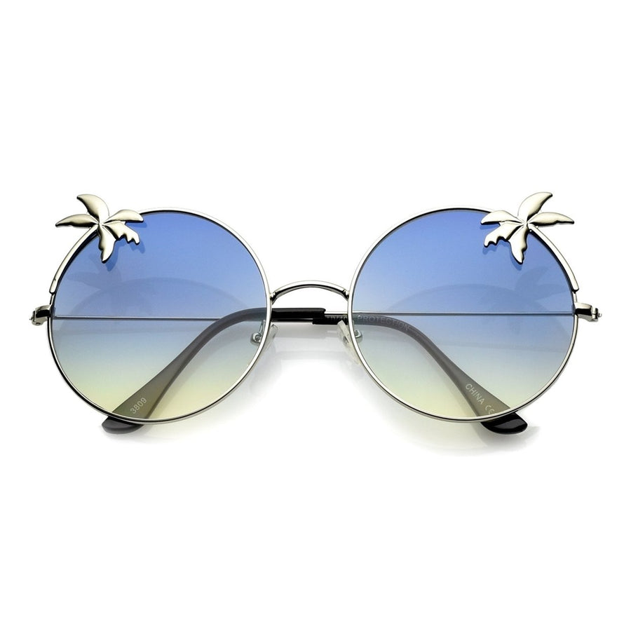 Oversize Metal Ultra Slim Temple Palm Tree Flat Gradient Lens Round Sunglasses 57mm Image 1