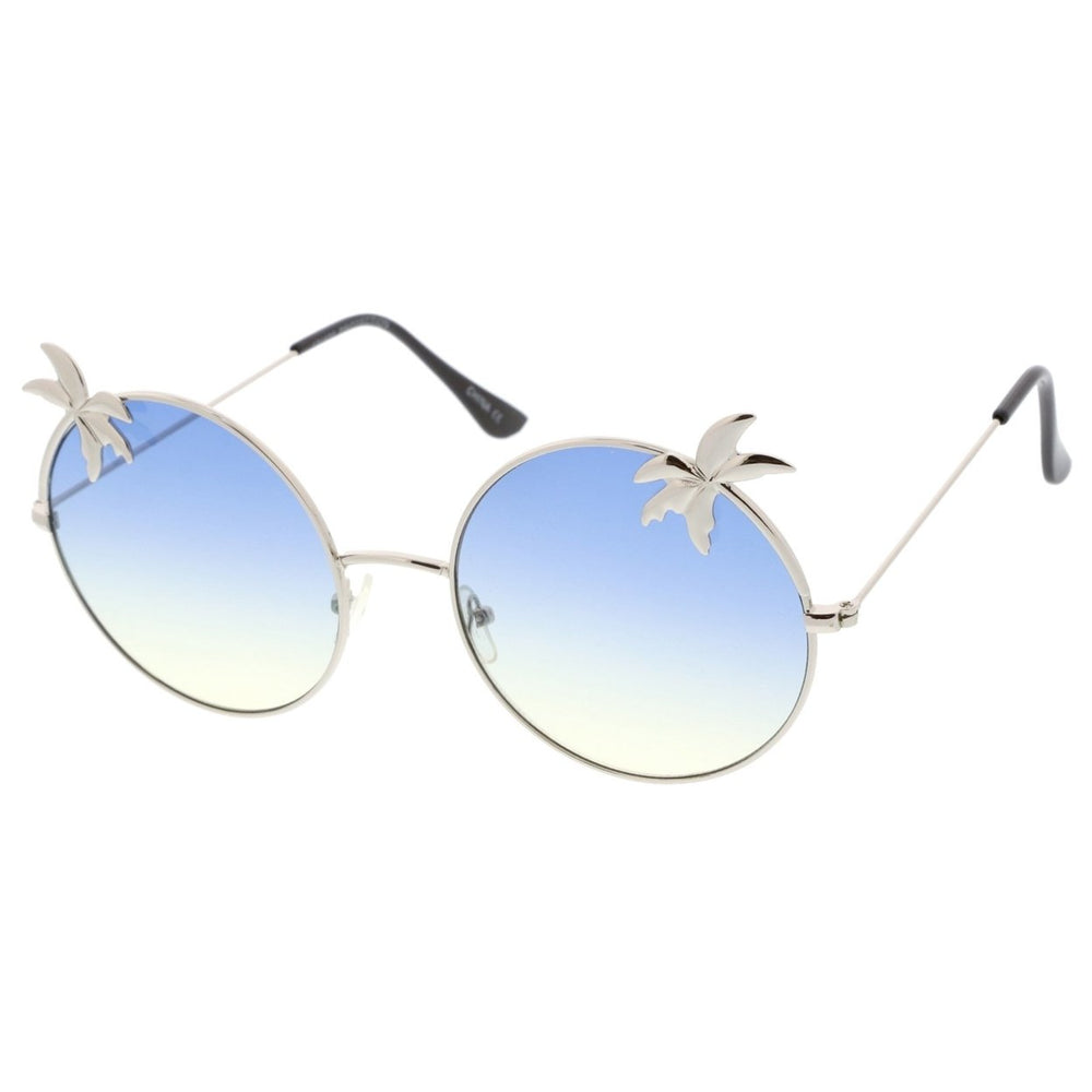 Oversize Metal Ultra Slim Temple Palm Tree Flat Gradient Lens Round Sunglasses 57mm Image 2