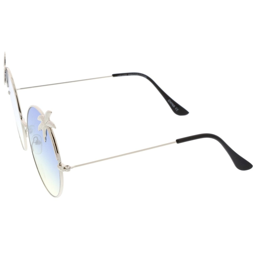 Oversize Metal Ultra Slim Temple Palm Tree Flat Gradient Lens Round Sunglasses 57mm Image 3