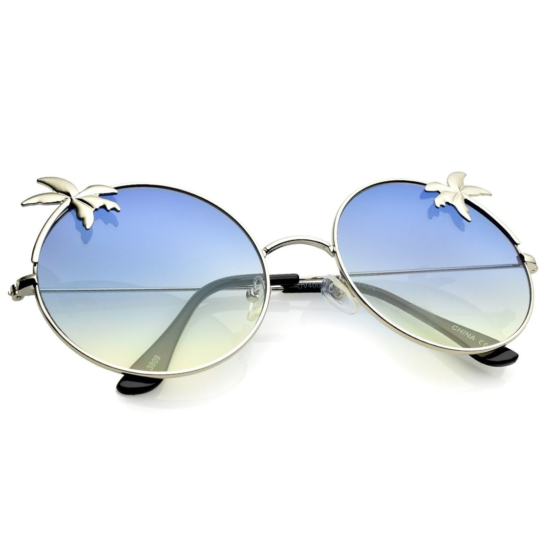 Oversize Metal Ultra Slim Temple Palm Tree Flat Gradient Lens Round Sunglasses 57mm Image 4
