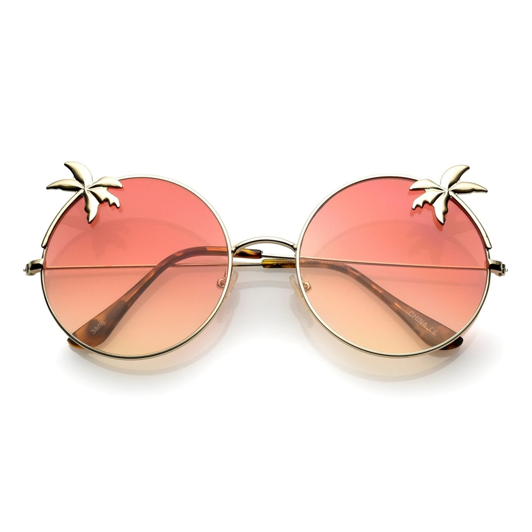 Oversize Metal Ultra Slim Temple Palm Tree Flat Gradient Lens Round Sunglasses 57mm Image 4