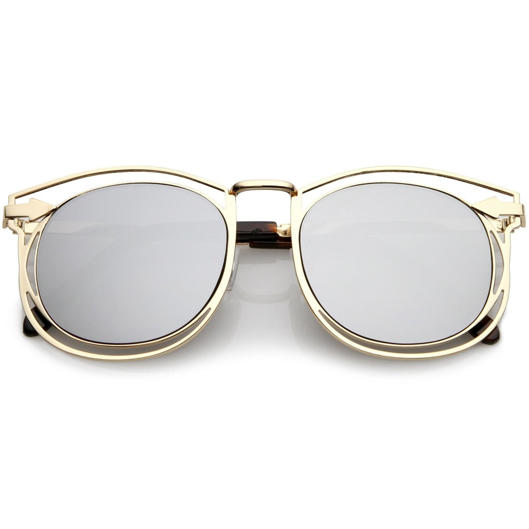 Oversize Open Metal Horn Rimmed Sunglasses With Arrow Design And Round Mirror Flat Lens 55mm Image 6
