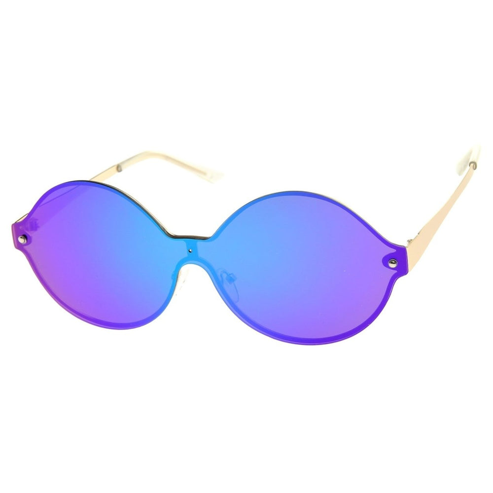 Oversize Round Color Mirror Shield Lens Metal Temple Rimless Sunglasses 69mm Image 2