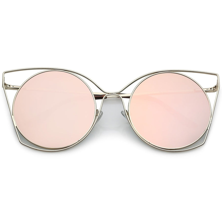 Oversize Slim Metal Cutout Cat Eye Sunglasses With Round Mirrored Flat Lens 58mm Image 1