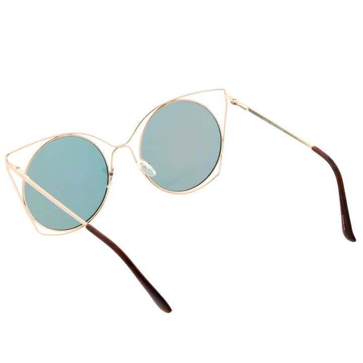 Oversize Slim Metal Cutout Cat Eye Sunglasses With Round Mirrored Flat Lens 58mm Image 4