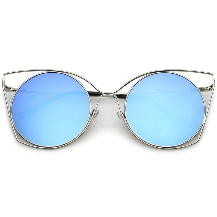 Oversize Slim Metal Cutout Cat Eye Sunglasses With Round Mirrored Flat Lens 58mm Image 4