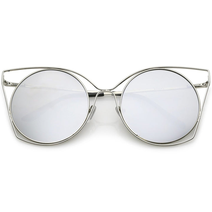 Oversize Slim Metal Cutout Cat Eye Sunglasses With Round Mirrored Flat Lens 58mm Image 6