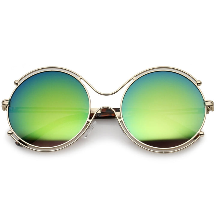 Oversize Wire Rimmed Temple Cutout Colored Mirror Round Sunglasses 58mm Image 4