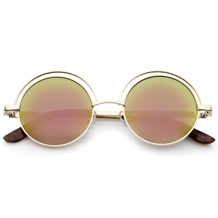 Retro Open Metal Colored Mirror Flat Lens Round Sunglasses 48mm Image 1