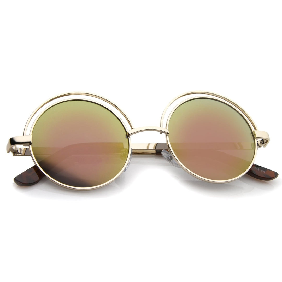Retro Open Metal Colored Mirror Flat Lens Round Sunglasses 48mm Image 4