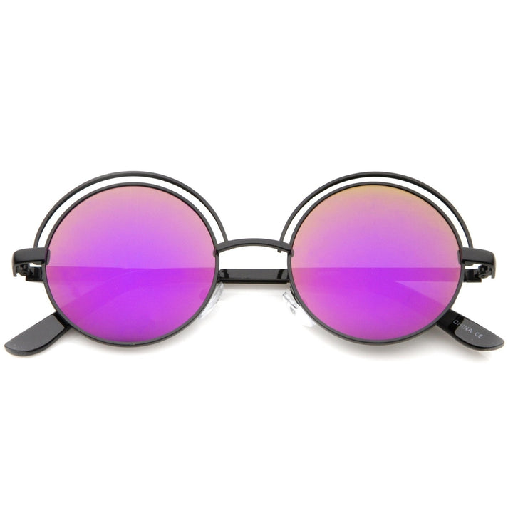 Retro Open Metal Colored Mirror Flat Lens Round Sunglasses 48mm Image 6
