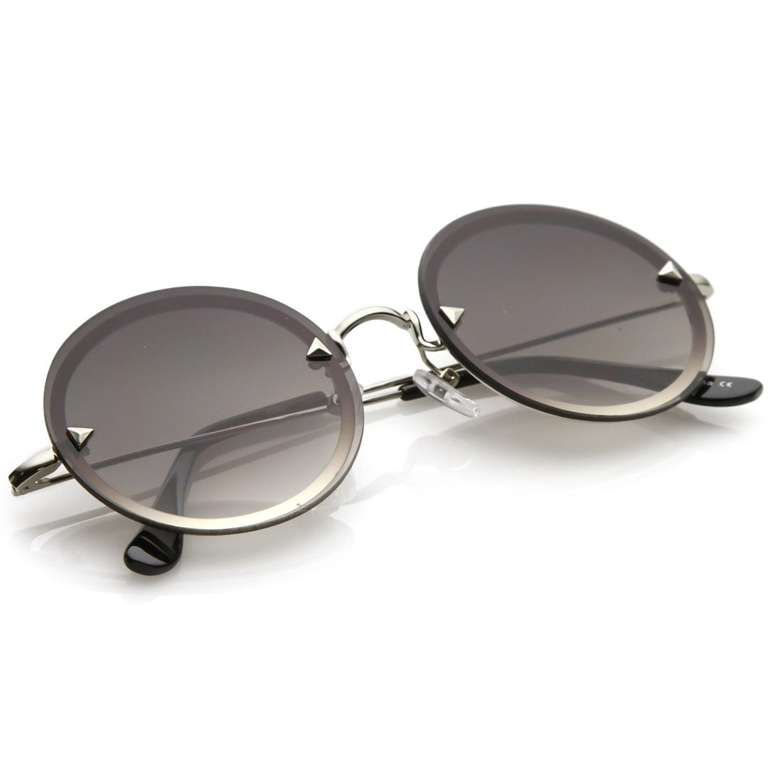 Rimless Metal Round Sunglasses 55mm Flat Lenses Ultra Slim Arms Pyramid Rivets Image 4