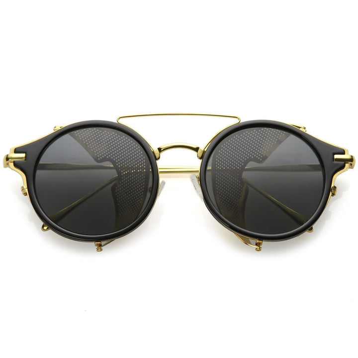 Steampunk Round Horn Rimmed Sunglasses Double Crossbar Fold In Side Covers Flat Lens 54mm Image 4