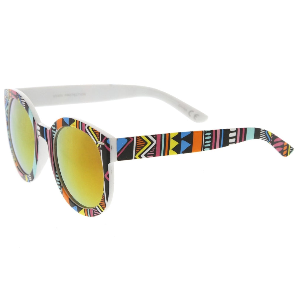 Women s Oversize Printed Colored Mirror Lens P3 Round Sunglasses 52mm Image 2