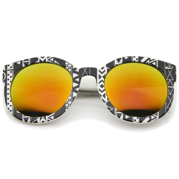 Women s Oversize Printed Colored Mirror Lens P3 Round Sunglasses 52mm Image 4