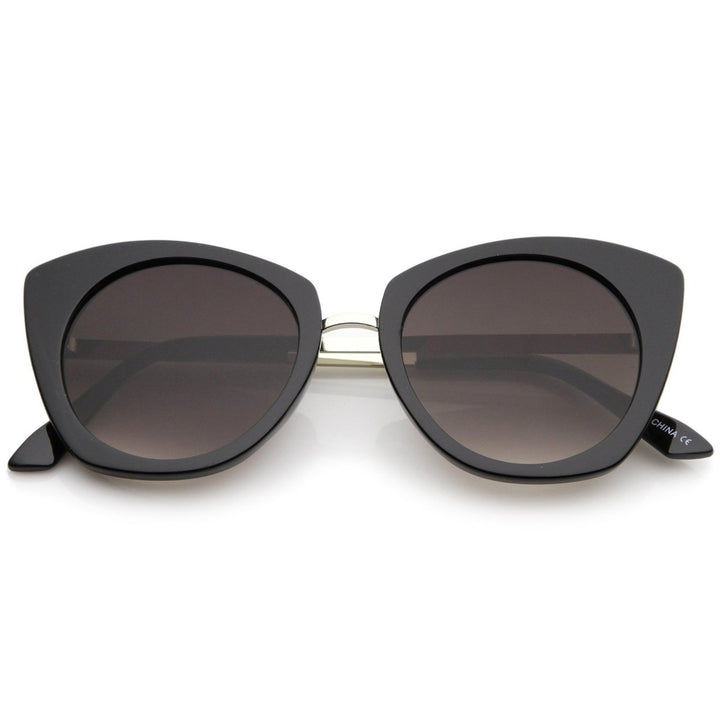 Womens Bold Frame Metal Temple Flat Lens Round Cat Eye Sunglasses 52mm Image 4