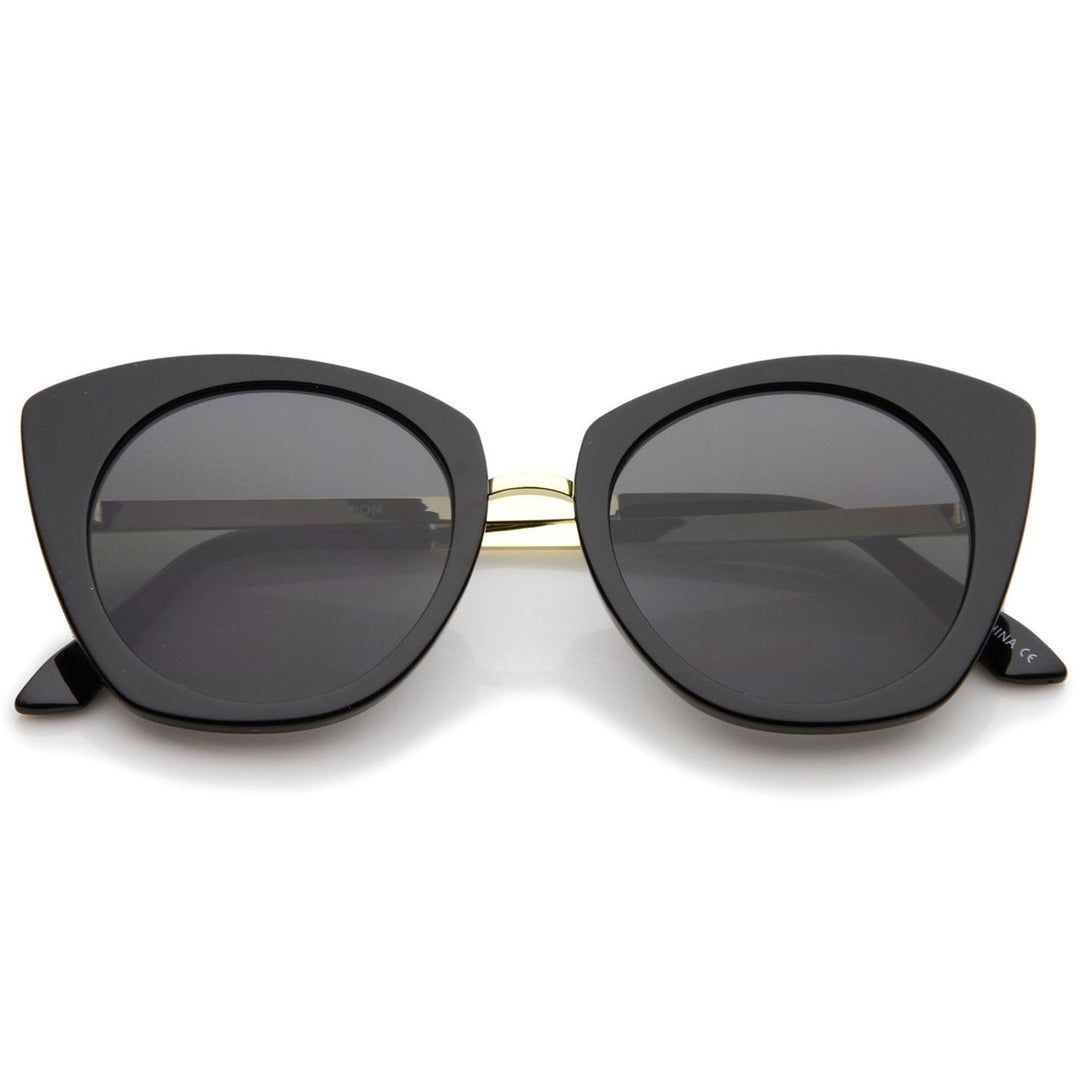 Womens Bold Frame Metal Temple Flat Lens Round Cat Eye Sunglasses 52mm Image 6