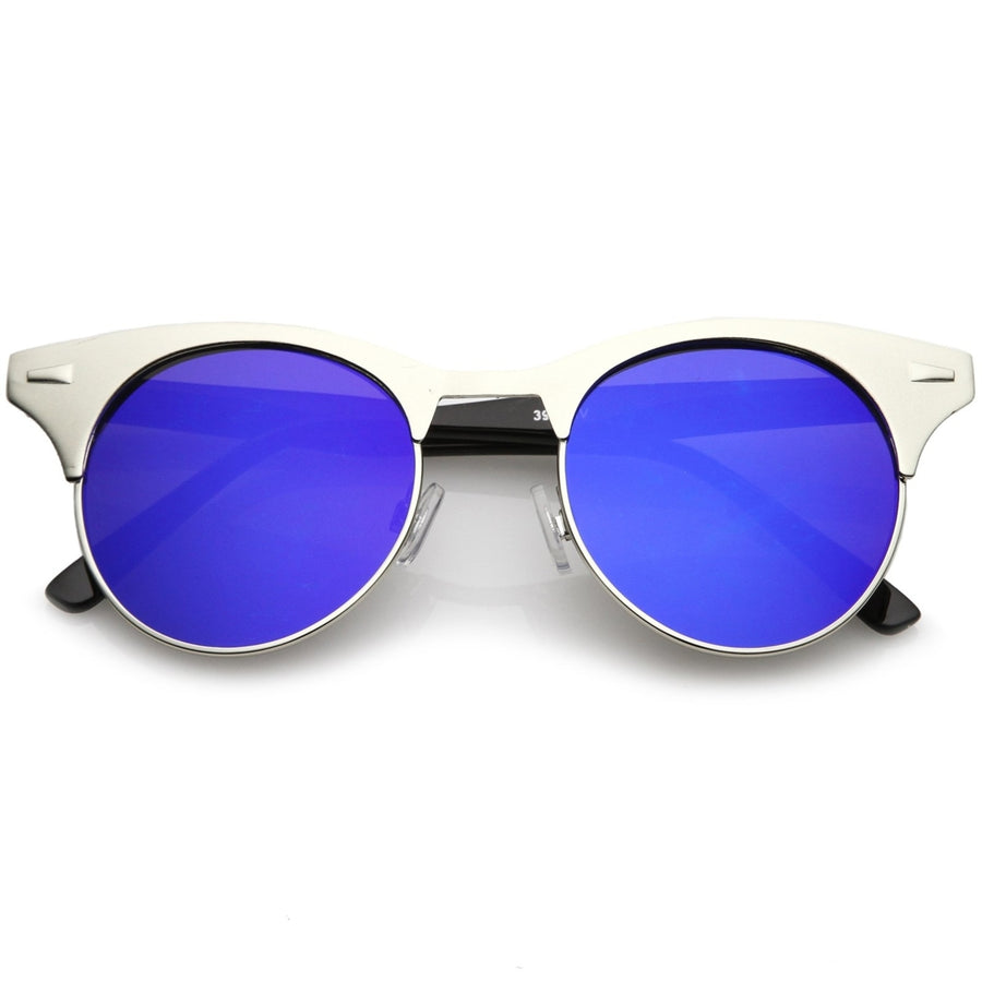 Womens Matte Finish Horn Rimmed Round Flat Mirror Lens Cat Eye Sunglasses 49mm Image 1