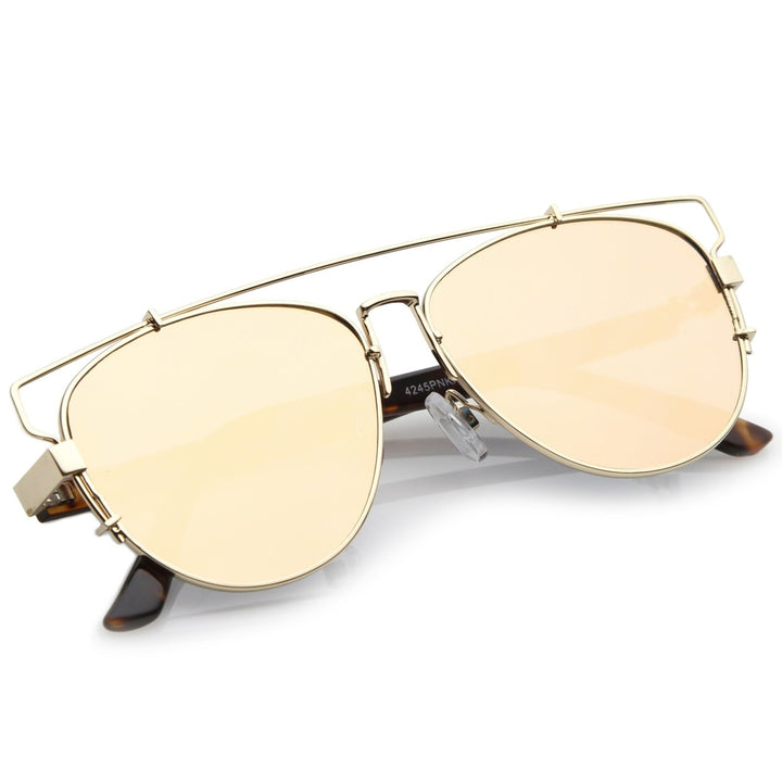 Womens Metal Crossbar Pink Mirror Flat Lens Technologic Aviator Sunglasses 55mm Image 4
