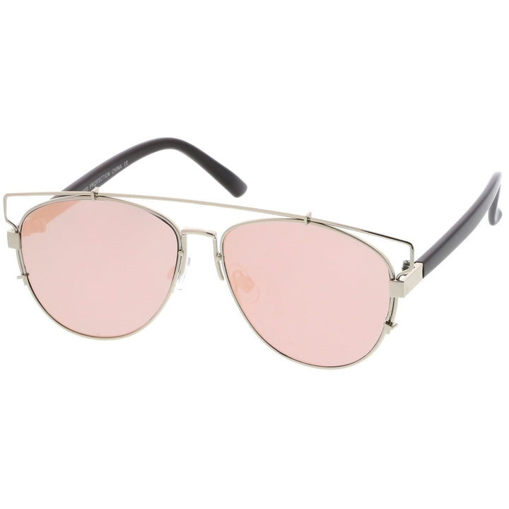 Womens Metal Crossbar Pink Mirror Flat Lens Technologic Aviator Sunglasses 55mm Image 6
