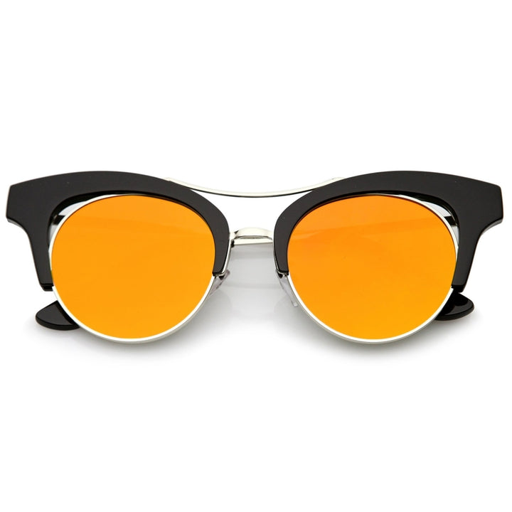 Women's Oversize Cutout Brow Bar Mirror Round Flat Lens Cat Eye Sunglasses 51mm Image 1