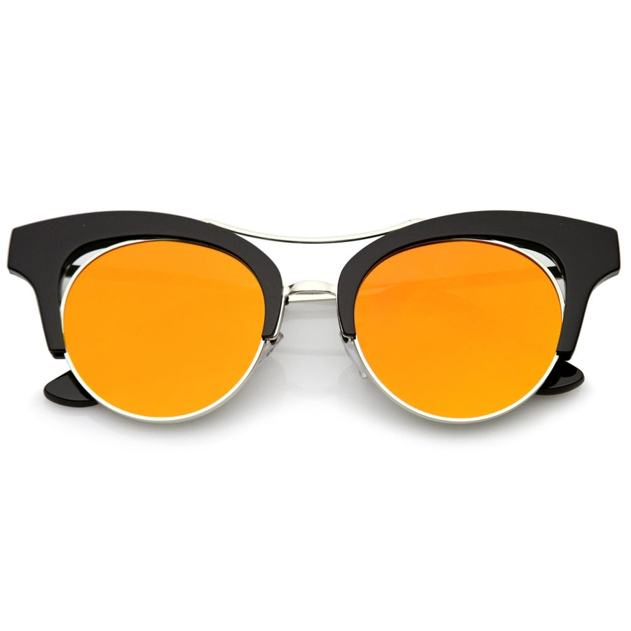 Womens Oversize Cutout Brow Bar Mirror Round Flat Lens Cat Eye Sunglasses 51mm Image 1