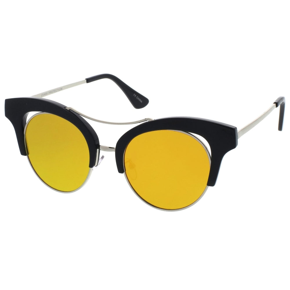 Womens Oversize Cutout Brow Bar Mirror Round Flat Lens Cat Eye Sunglasses 51mm Image 2