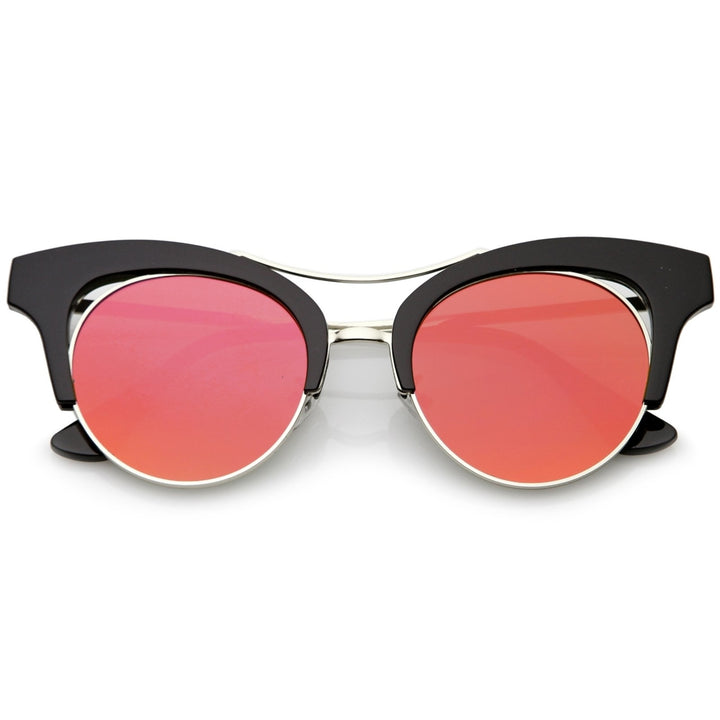 Womens Oversize Cutout Brow Bar Mirror Round Flat Lens Cat Eye Sunglasses 51mm Image 4