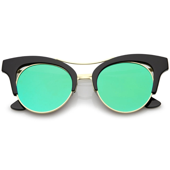 Womens Oversize Cutout Brow Bar Mirror Round Flat Lens Cat Eye Sunglasses 51mm Image 6