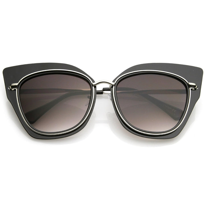 Womens Oversize Metal Trim Slim Arms Super Flat Lens Cat Eye Sunglasses 57mm Image 1