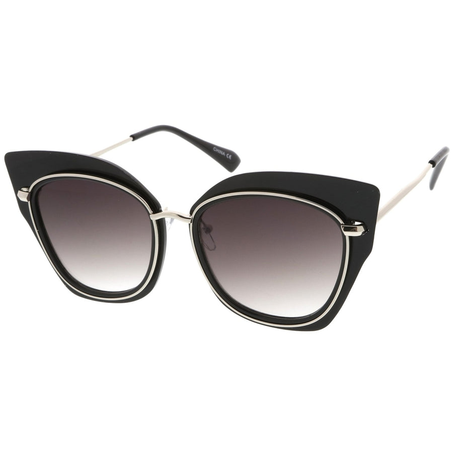 Women's Oversize Metal Trim Slim Arms Super Flat Lens Cat Eye Sunglasses 57mm Image 2