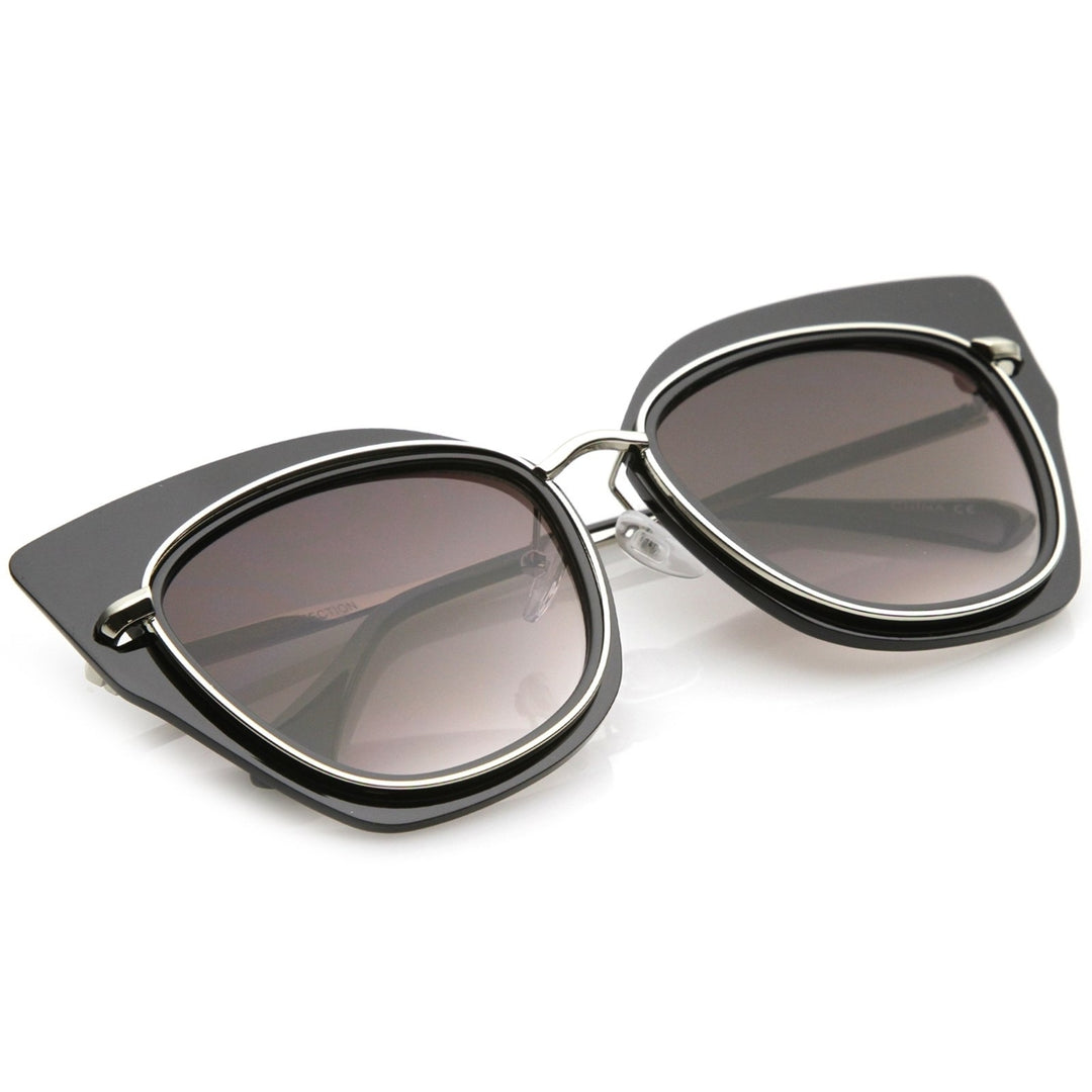 Womens Oversize Metal Trim Slim Arms Super Flat Lens Cat Eye Sunglasses 57mm Image 4