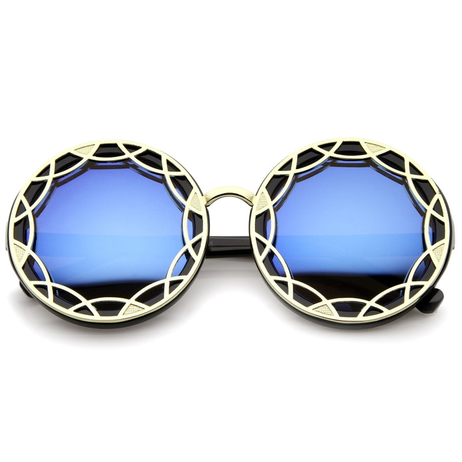 Womens Oversize Round Sunglasses 55mm Color Mirror Lens Patterned Frame Image 1