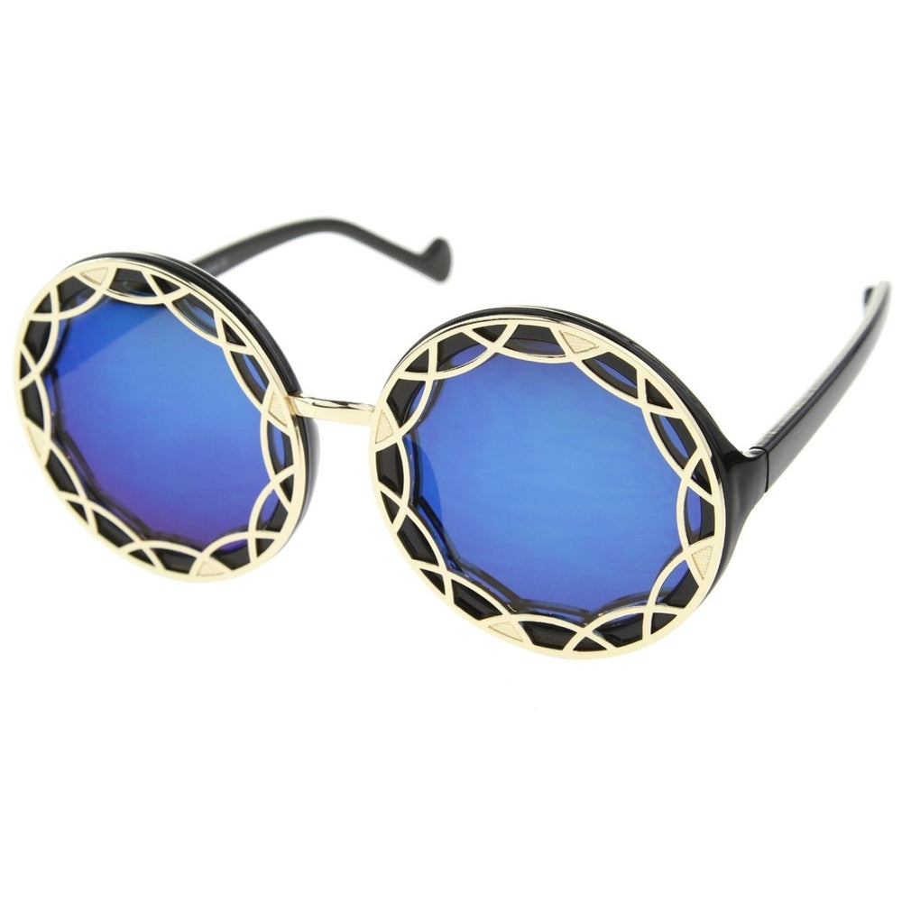 Womens Oversize Round Sunglasses 55mm Color Mirror Lens Patterned Frame Image 2