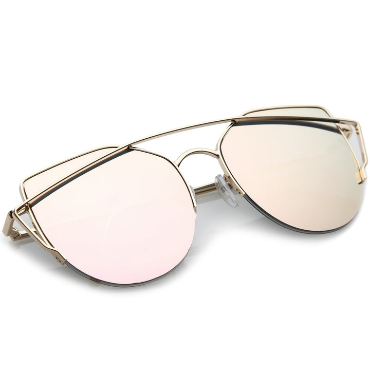 Womens Semi Rimless Metal Brow Bar Round Mirrored Flat Lens Cat Eye Sunglasses Image 4