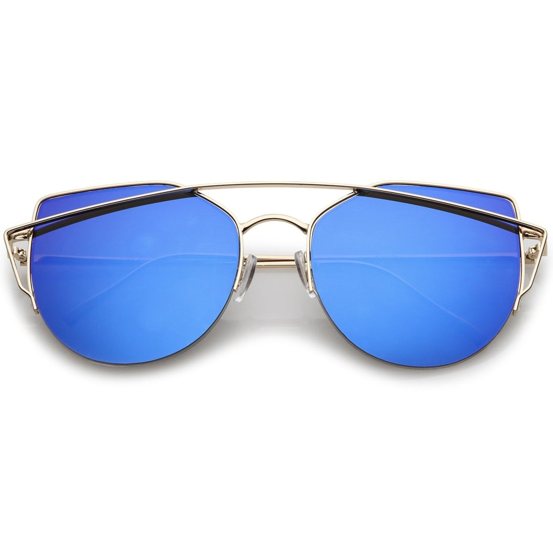 Womens Semi Rimless Metal Brow Bar Round Mirrored Flat Lens Cat Eye Sunglasses Image 6