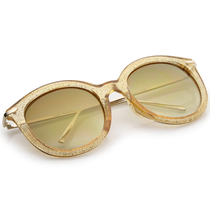 Womens Transparent Glitter Frame Ultra Slim Metal Temple Round Sunglasses 56mm Image 4