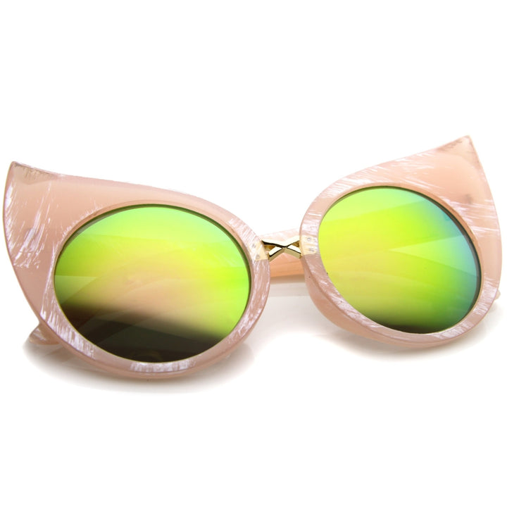 Womens Fashion Bold Marble Frame Mirrored Lens Round Cat Eye Sunglasses 51 mm Image 4