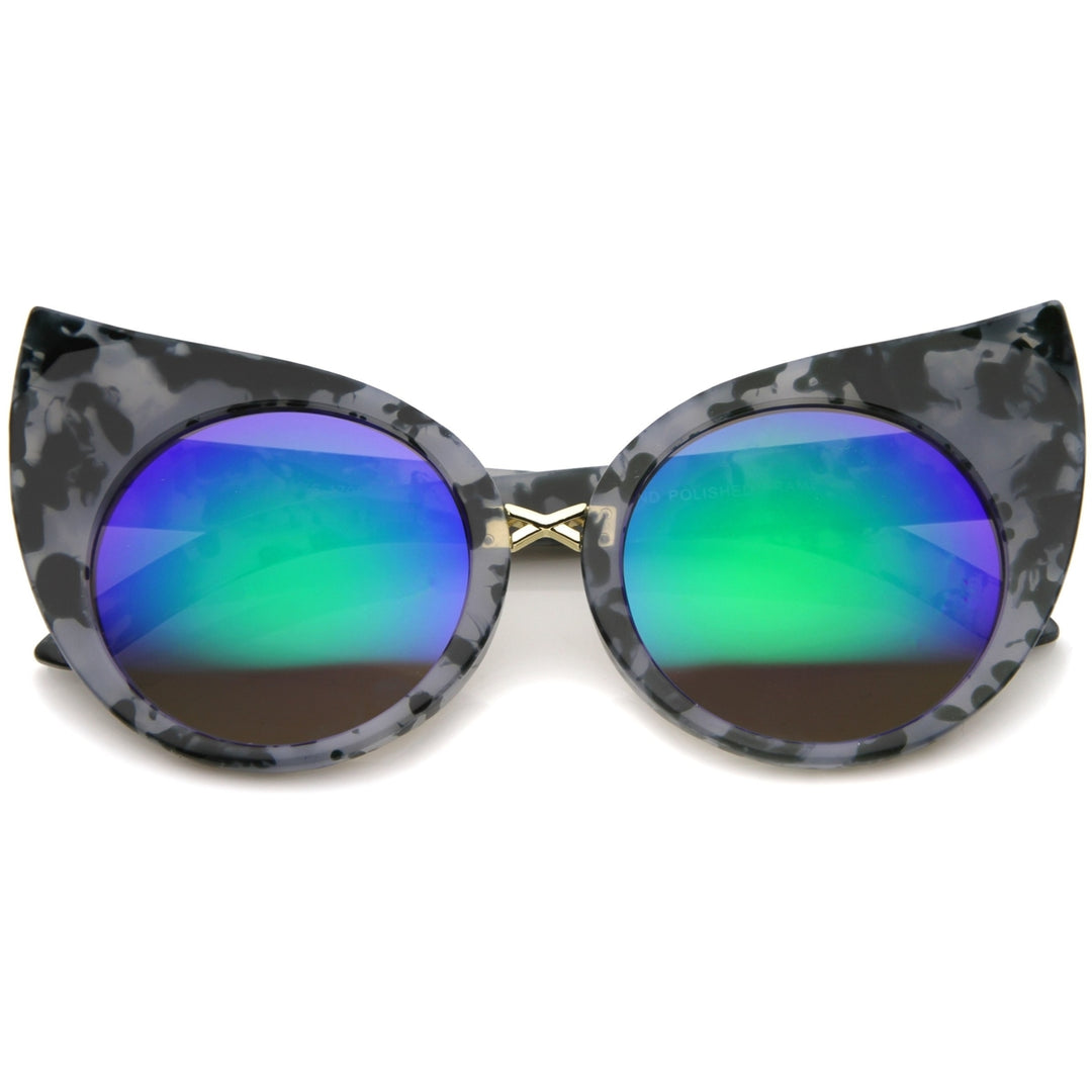 Womens Fashion Bold Marble Frame Mirrored Lens Round Cat Eye Sunglasses 51 mm Image 6