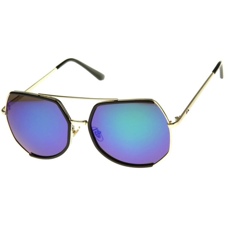 Womens Fashion Gold Metal Crossbar Mirror Lens Oversized Sunglasses 64mm Image 2
