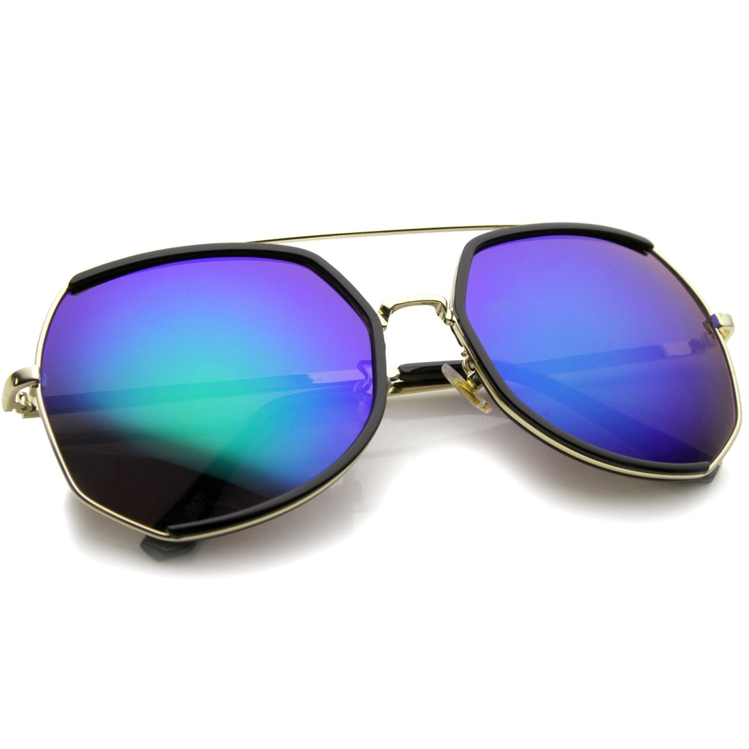 Womens Fashion Gold Metal Crossbar Mirror Lens Oversized Sunglasses 64mm Image 4