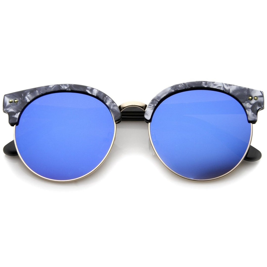 Womens Half-Frame Marble Finish Moon Cut Color Mirrored Lens Round Sunglasses Image 1