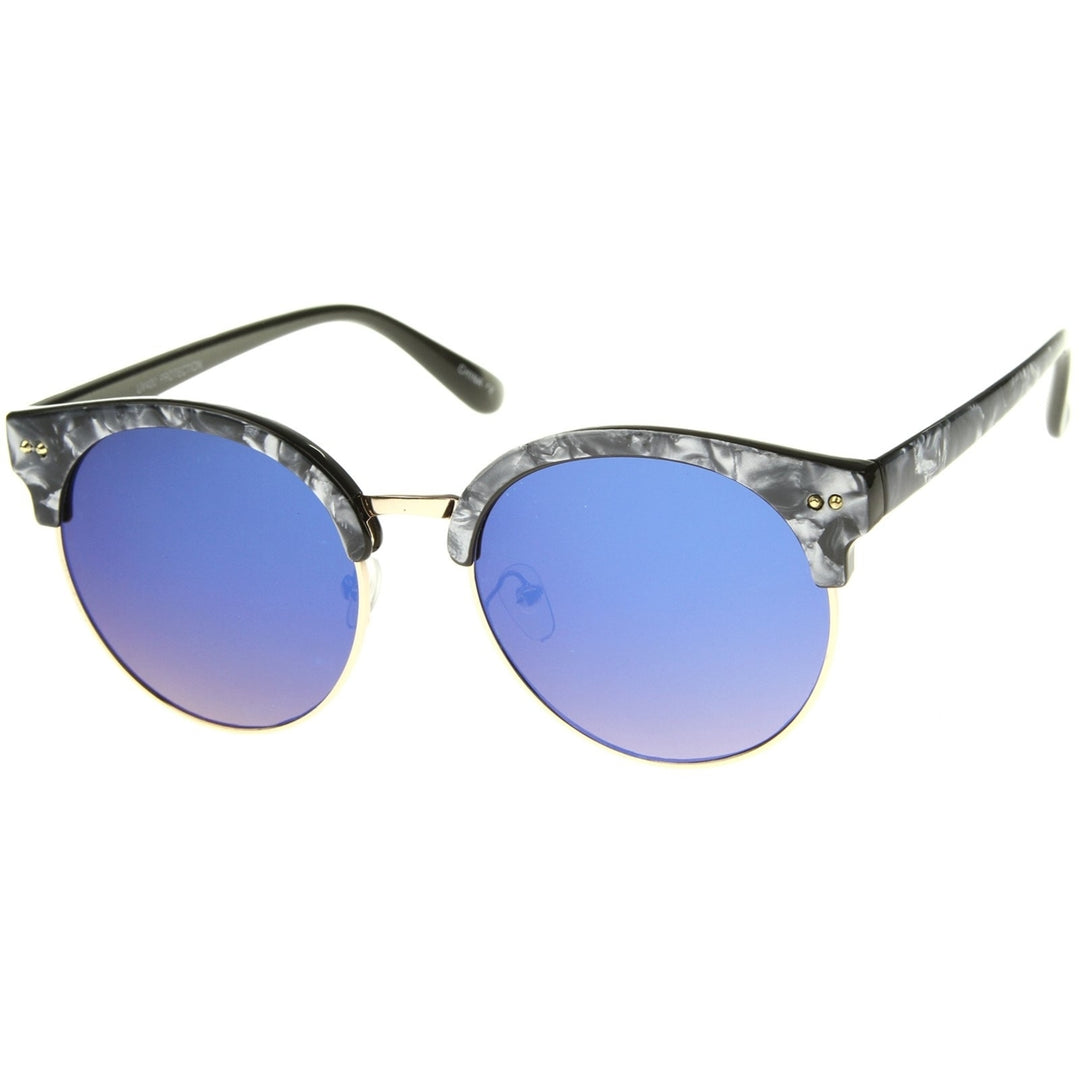 Womens Half-Frame Marble Finish Moon Cut Color Mirrored Lens Round Sunglasses Image 2