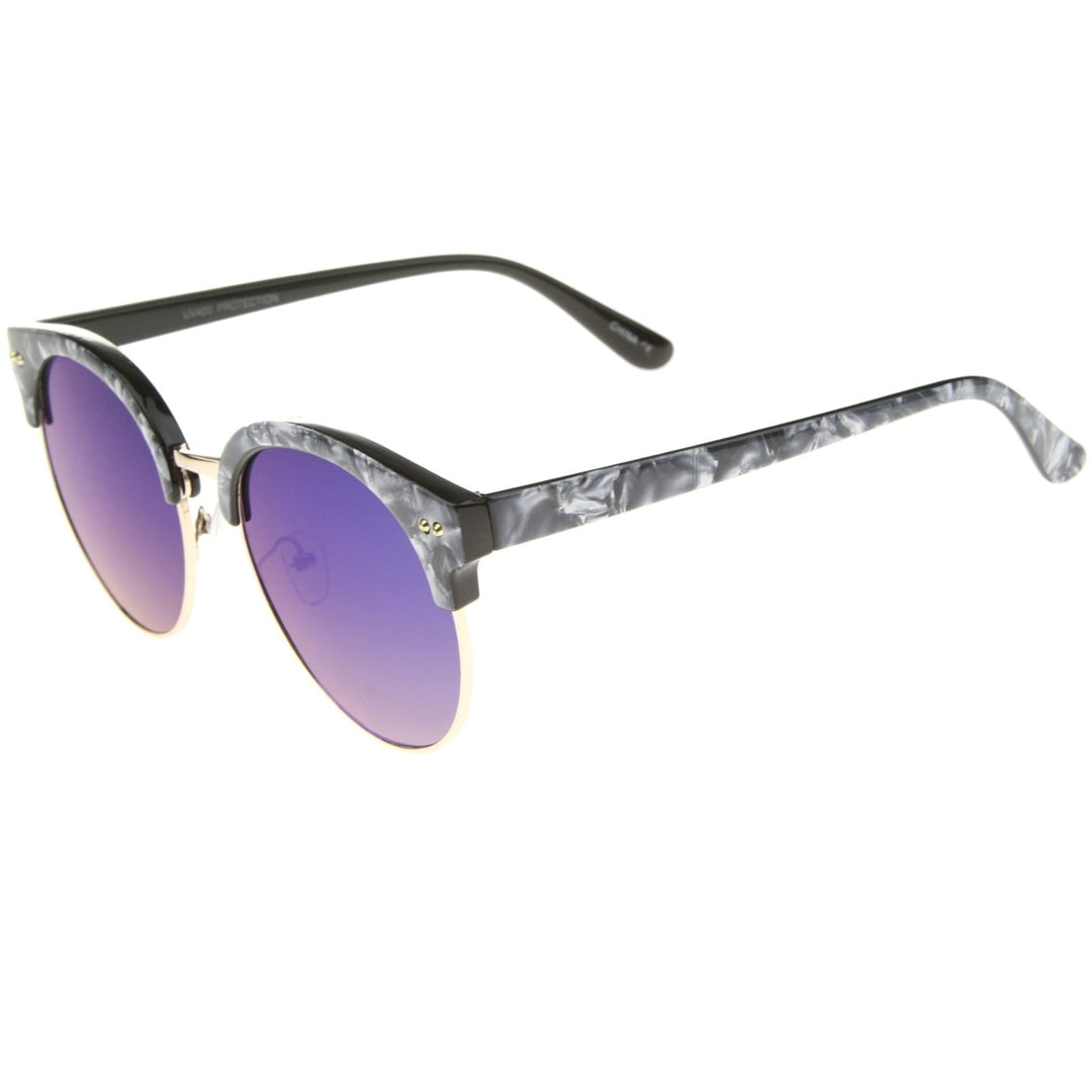 Womens Half-Frame Marble Finish Moon Cut Color Mirrored Lens Round Sunglasses Image 3