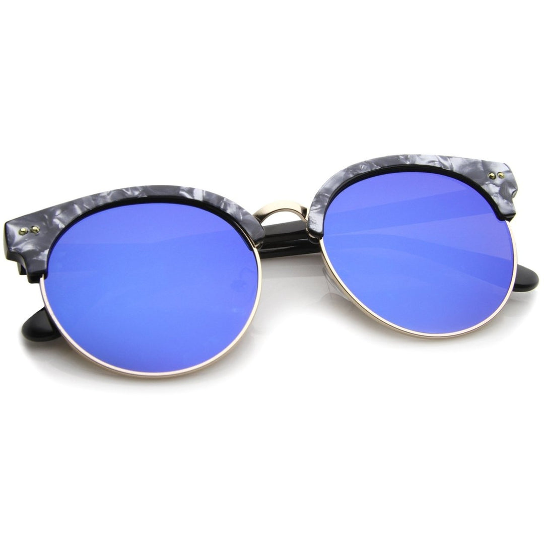 Womens Half-Frame Marble Finish Moon Cut Color Mirrored Lens Round Sunglasses Image 4