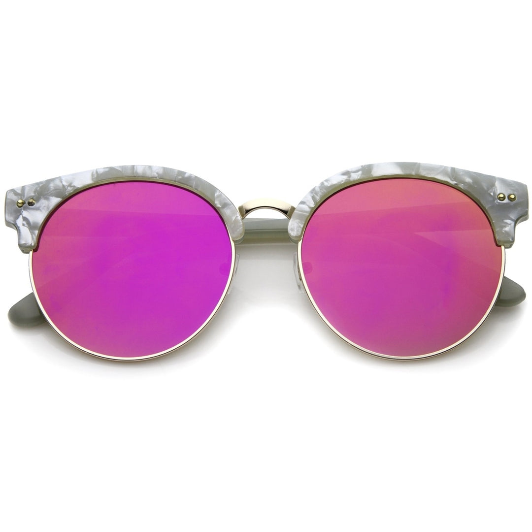 Womens Half-Frame Marble Finish Moon Cut Color Mirrored Lens Round Sunglasses Image 4