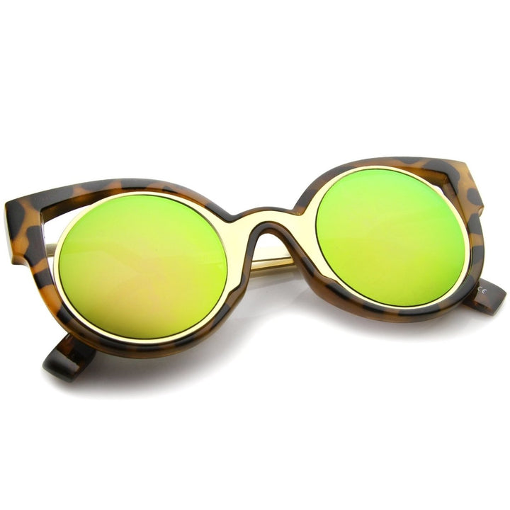 Womens Inner Metal Frame Zigzag Stepped Temple Two-Tone Cat Eye Sunglasses Image 4