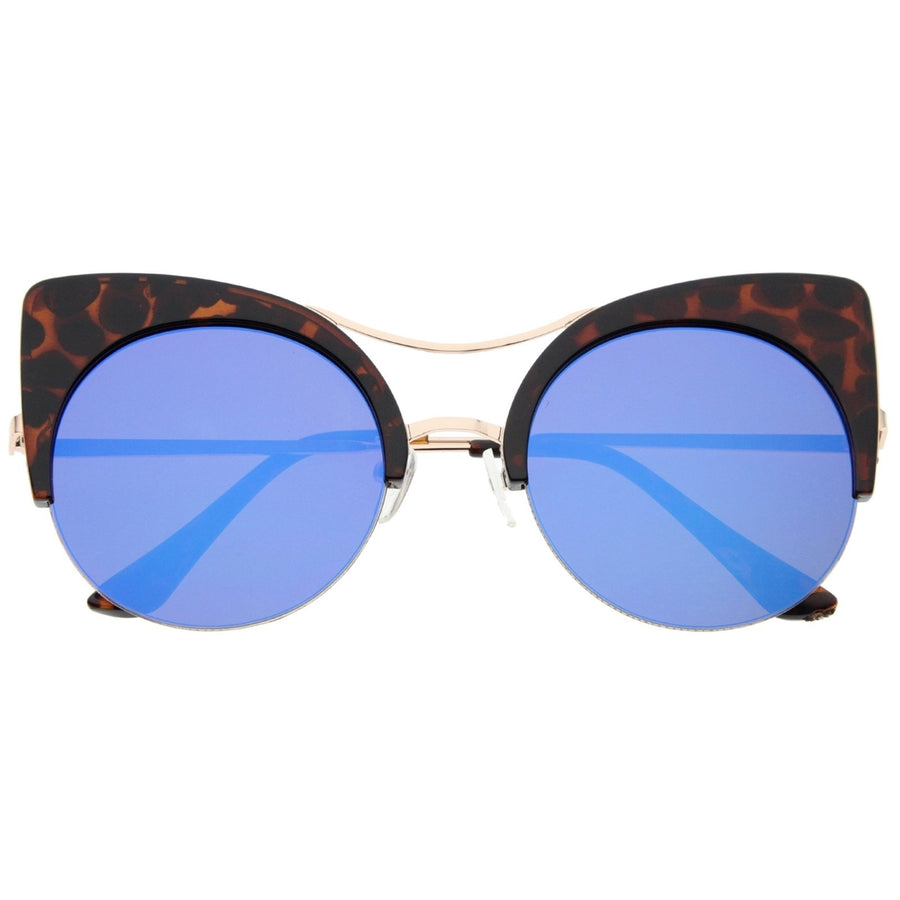 Womens Oversized Half Frame Semi-Rimless Flat Lens Round Cat Eye Sunglasses 60mm Image 1