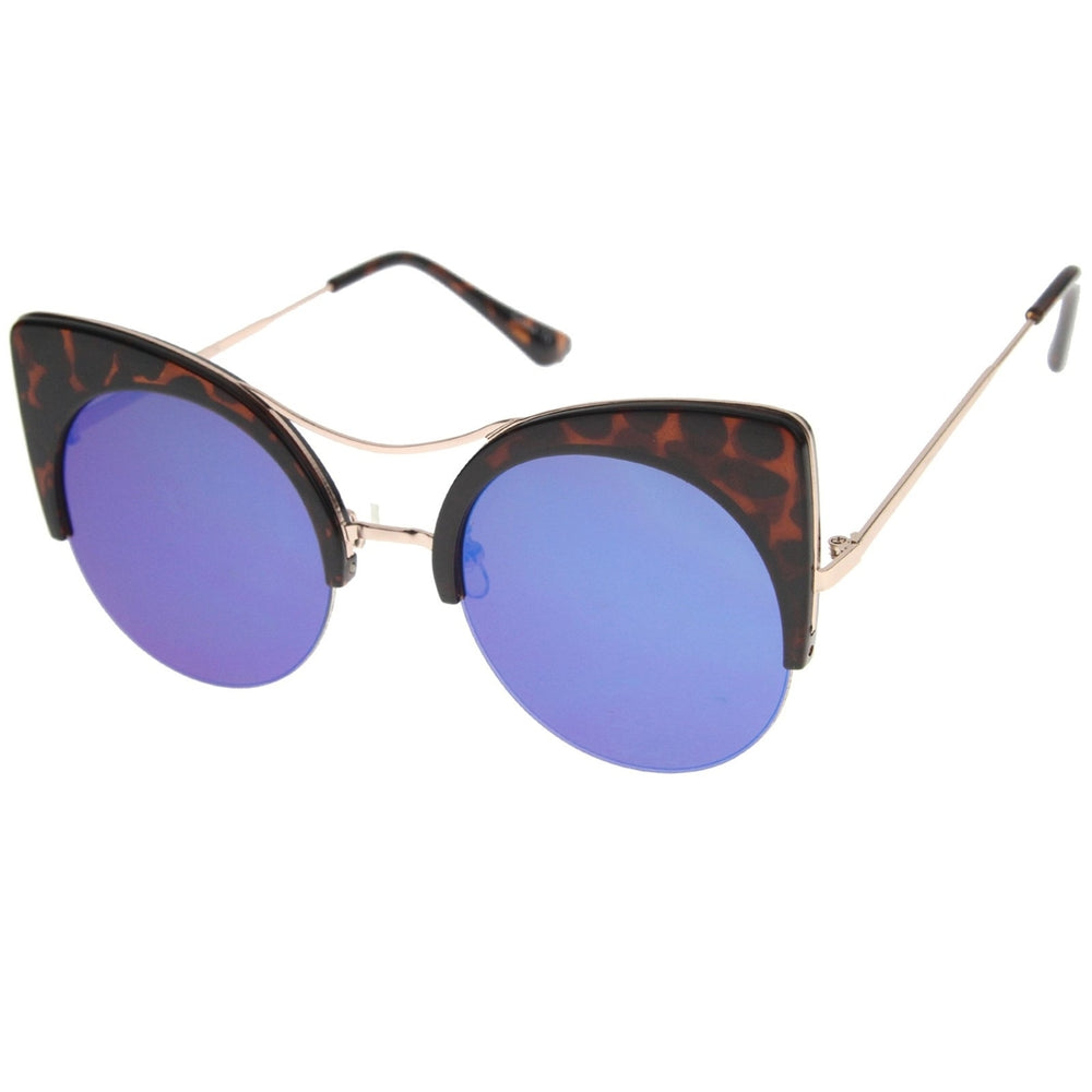 Womens Oversized Half Frame Semi-Rimless Flat Lens Round Cat Eye Sunglasses 60mm Image 2